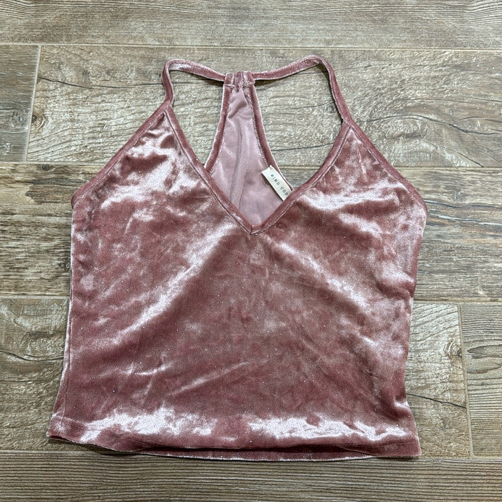 Sparkly pink suede top. V-neck. Sorta cropped. Brand is Mind Code. Size small.